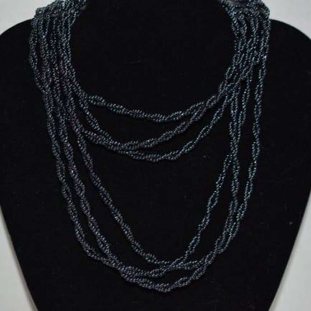 Deep Dark Blue Triple Strand Twisted Beaded 30 Inch Button Latch Chic Necklace